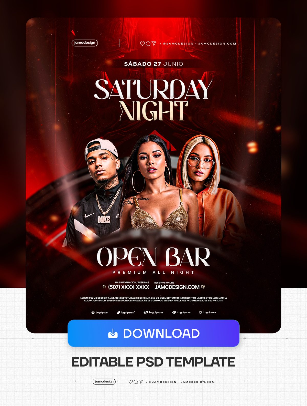 Plantilla De Flyer De Sábado Por La Noche Con Retratos En Trío Rojo PSD. Plantilla de PSD editable para un flyer de evento de noche de sábado — Vista previa adicional