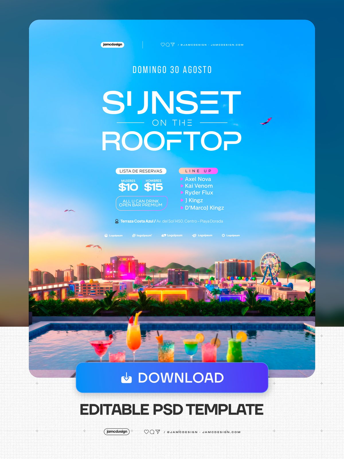 Sunset On The Rooftop Flyer Template PSD Editable. Editable PSD template for a rooftop party social media flyer — Additional preview