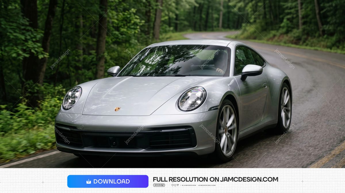 Silver Porsche 911 On Winding Forest Road. This realistic JPG photo shows a silver sports car rounding a winding forest road, framed by dense green trees — Additional preview