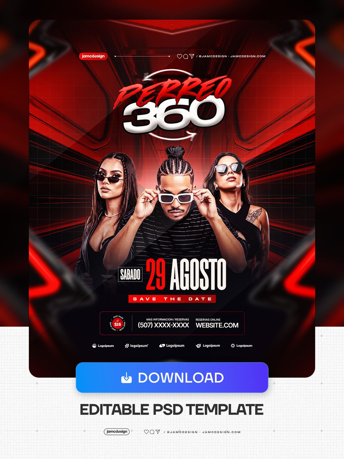 Perreo 360 Social Media Flyer Design Template PSD Editable. Editable PSD template for a Perreo 360 social media flyer combining a dark red and black — Additional preview