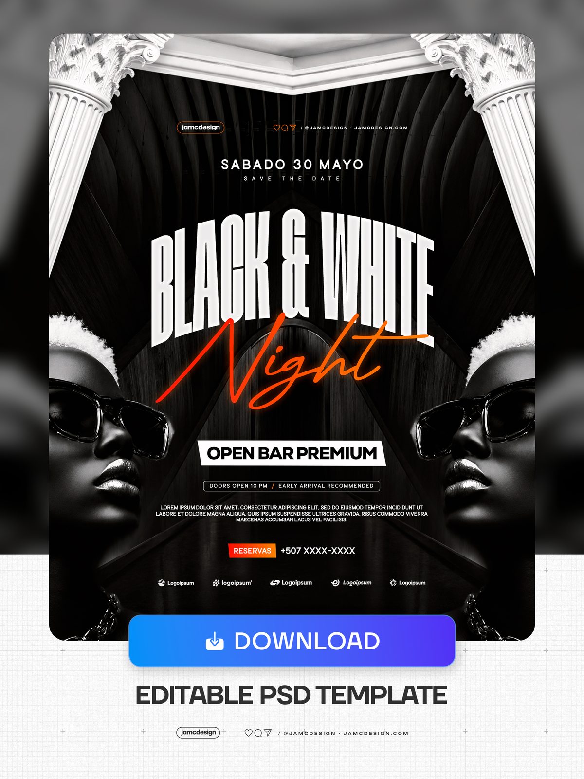 Modelo De Flyer Noite De Sábado Preto E Branco PSD Editável. Modelo PSD editável para um flyer de evento de sábado à noite em preto e branco — Prévia adicional