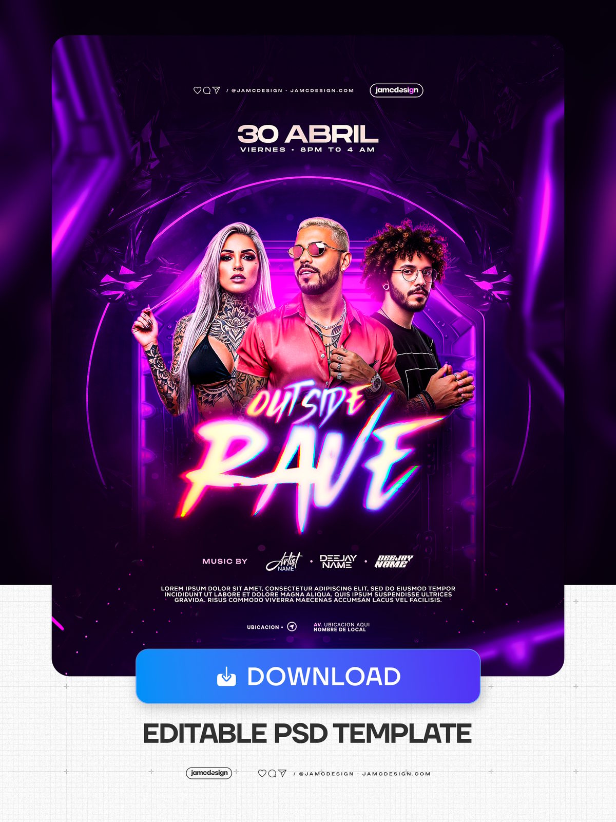 Rave Party Flyer Template PSD Editable. Editable PSD template for a rave party flyer with a dark purple composition, glowing magenta accents — Additional preview