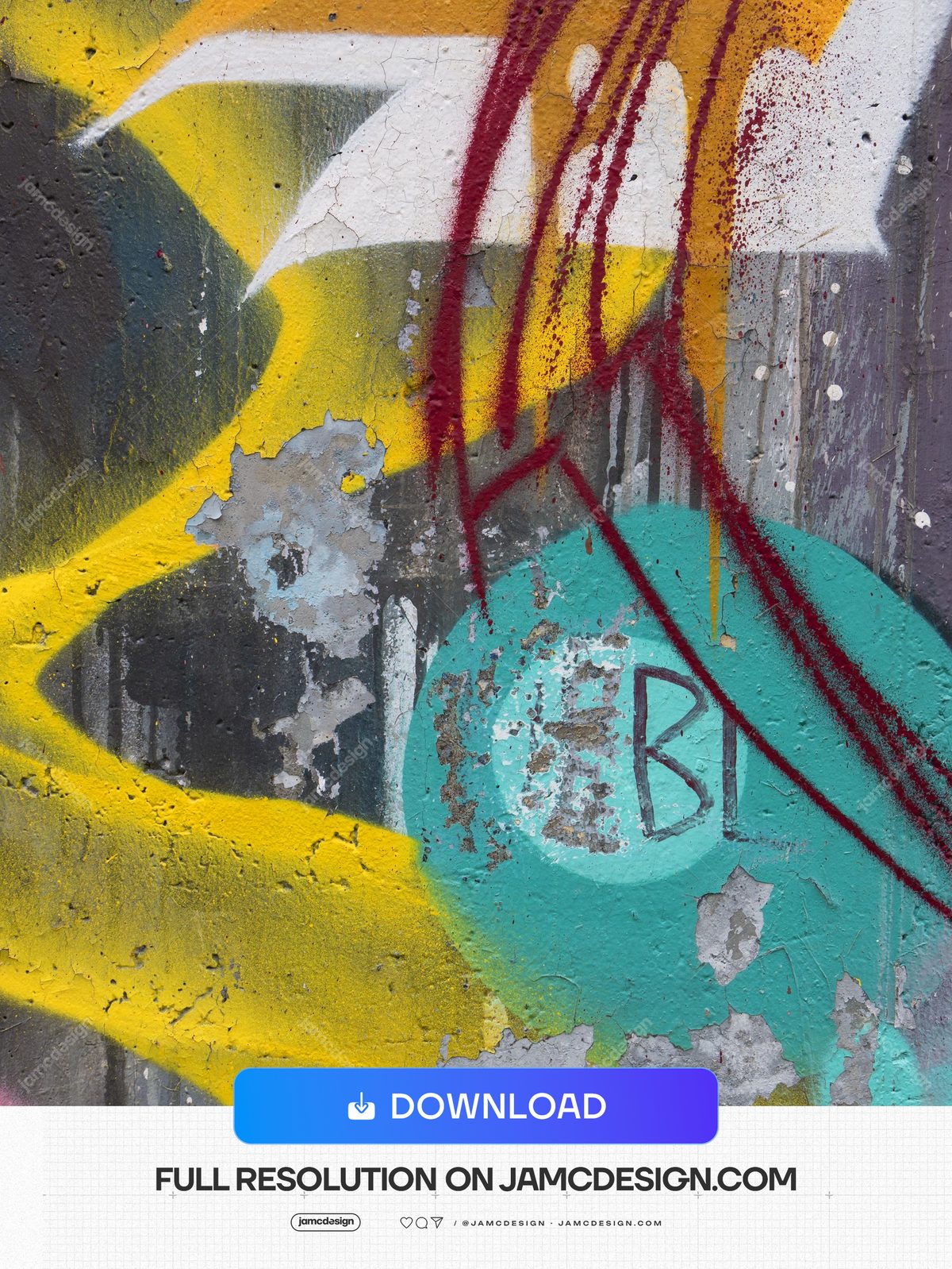 Layered Graffiti Paint Wall Texture PNG. Download this PNG texture of layered graffiti paint on a weathered wall, with yellow, turquoise, red and grey marks — Additional preview