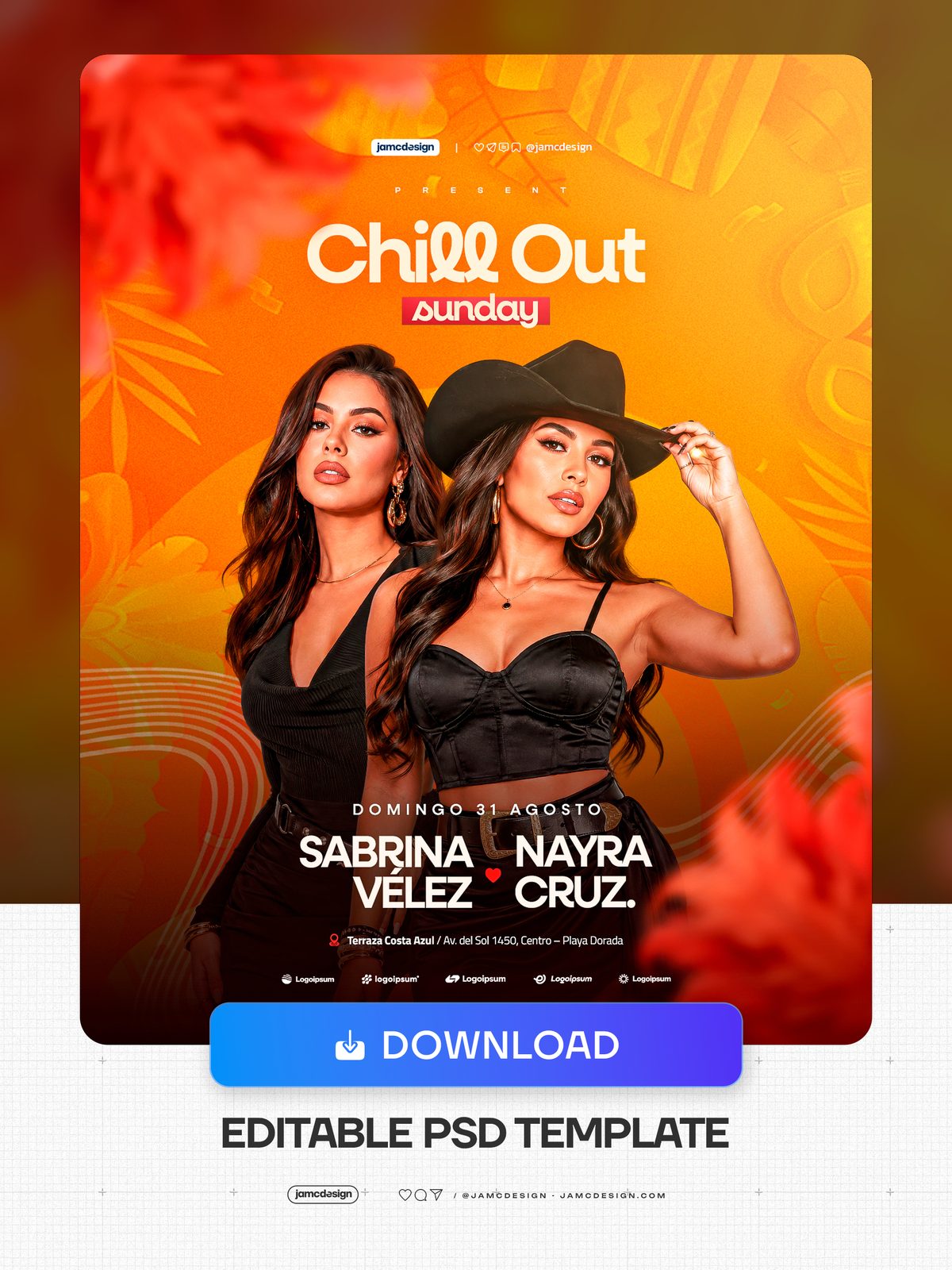 Chill Out Sunday Orange Fashion Portraits Event Flyer PSD. Editable PSD event flyer template for a Sunday party — Additional preview