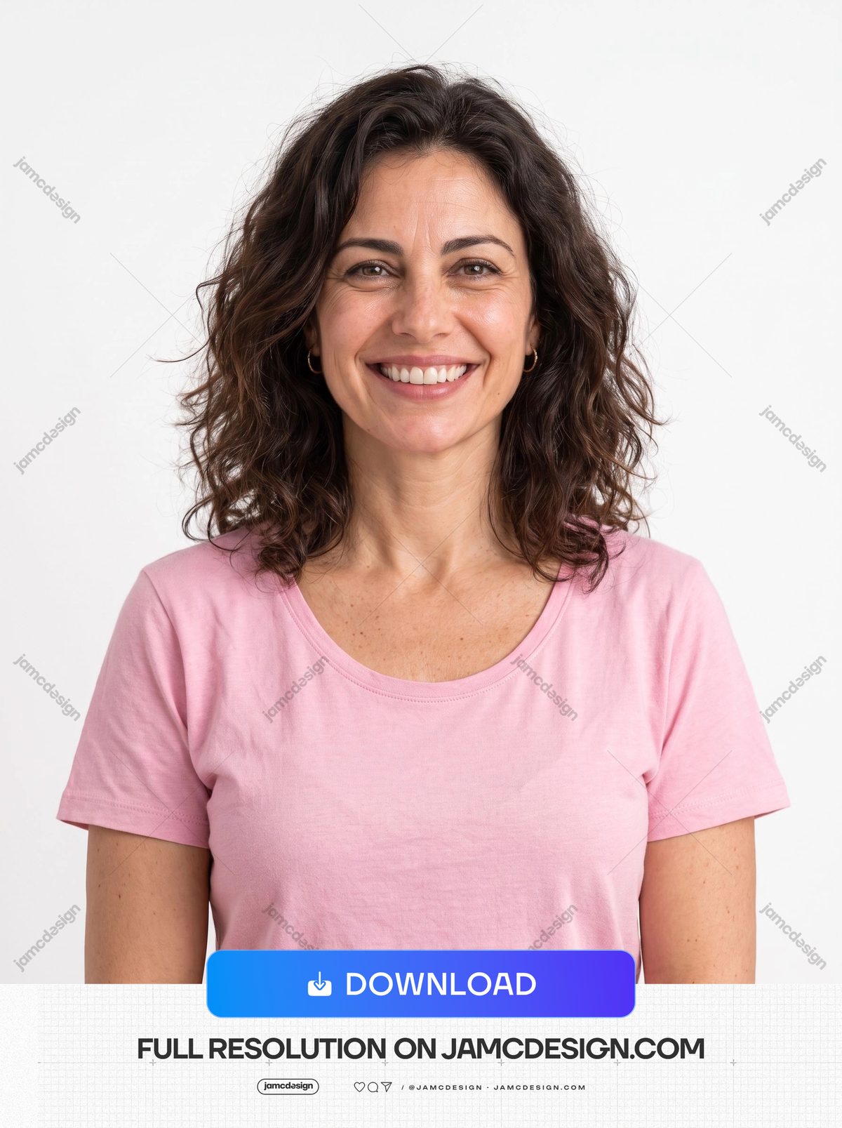 Smiling Brunette Woman Studio Portrait. This JPG studio photo shows a smiling brunette woman in a pink shirt against a plain light background — Additional preview