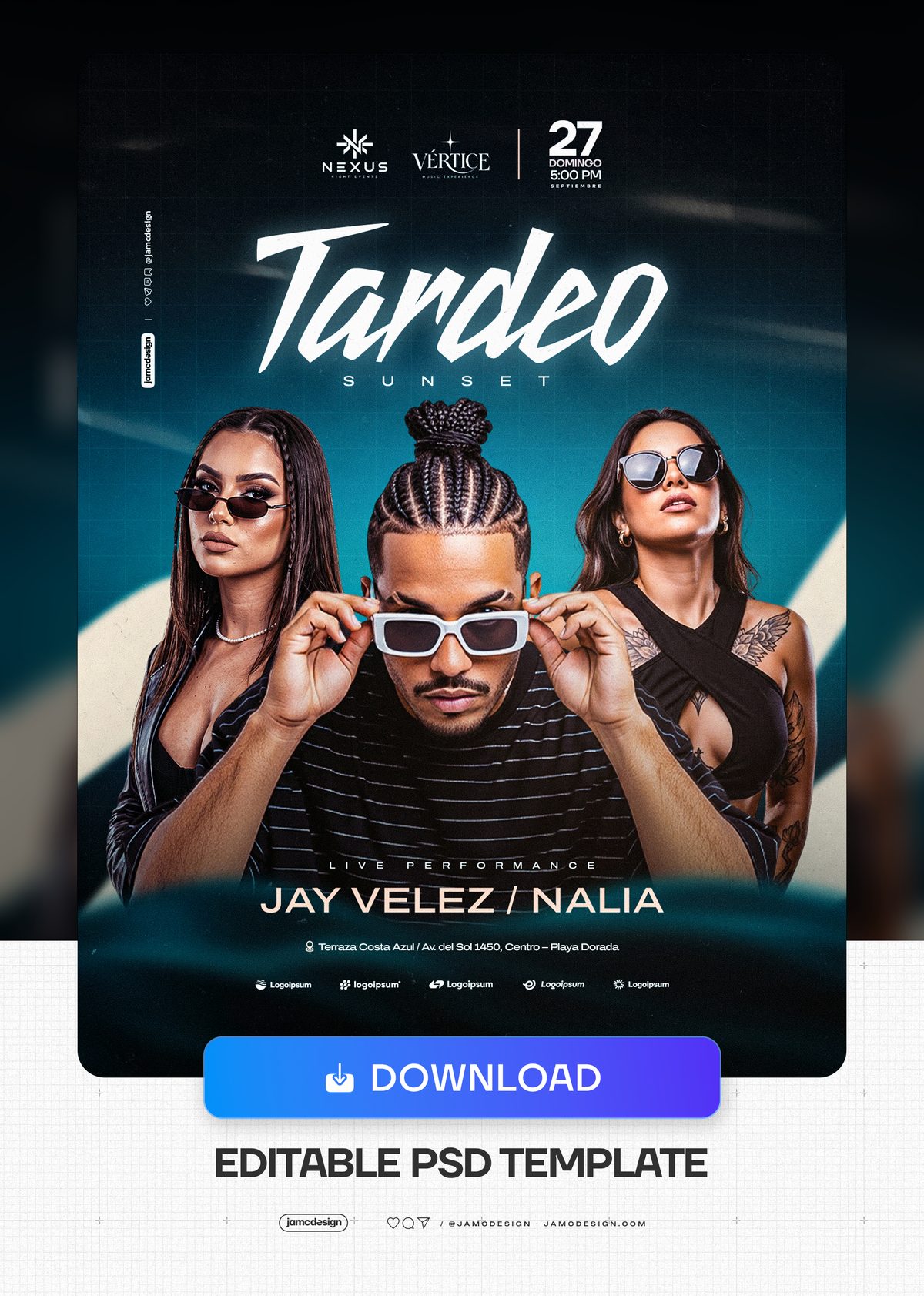 Tardeo Sunset Flyer Template PSD. Download this editable PSD event flyer for a sunset gathering, featuring three figures in sunglasses against a dark teal — Additional preview