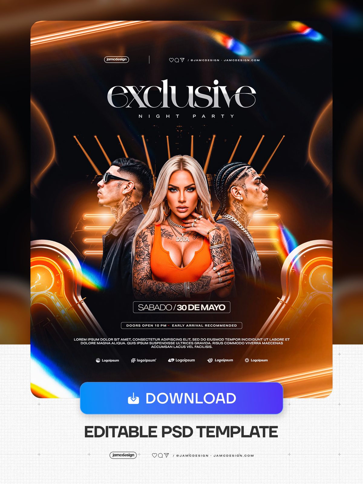 Night Party Flyer PSD With Orange Neon. Editable PSD template for a night party event flyer with a dark composition — Additional preview