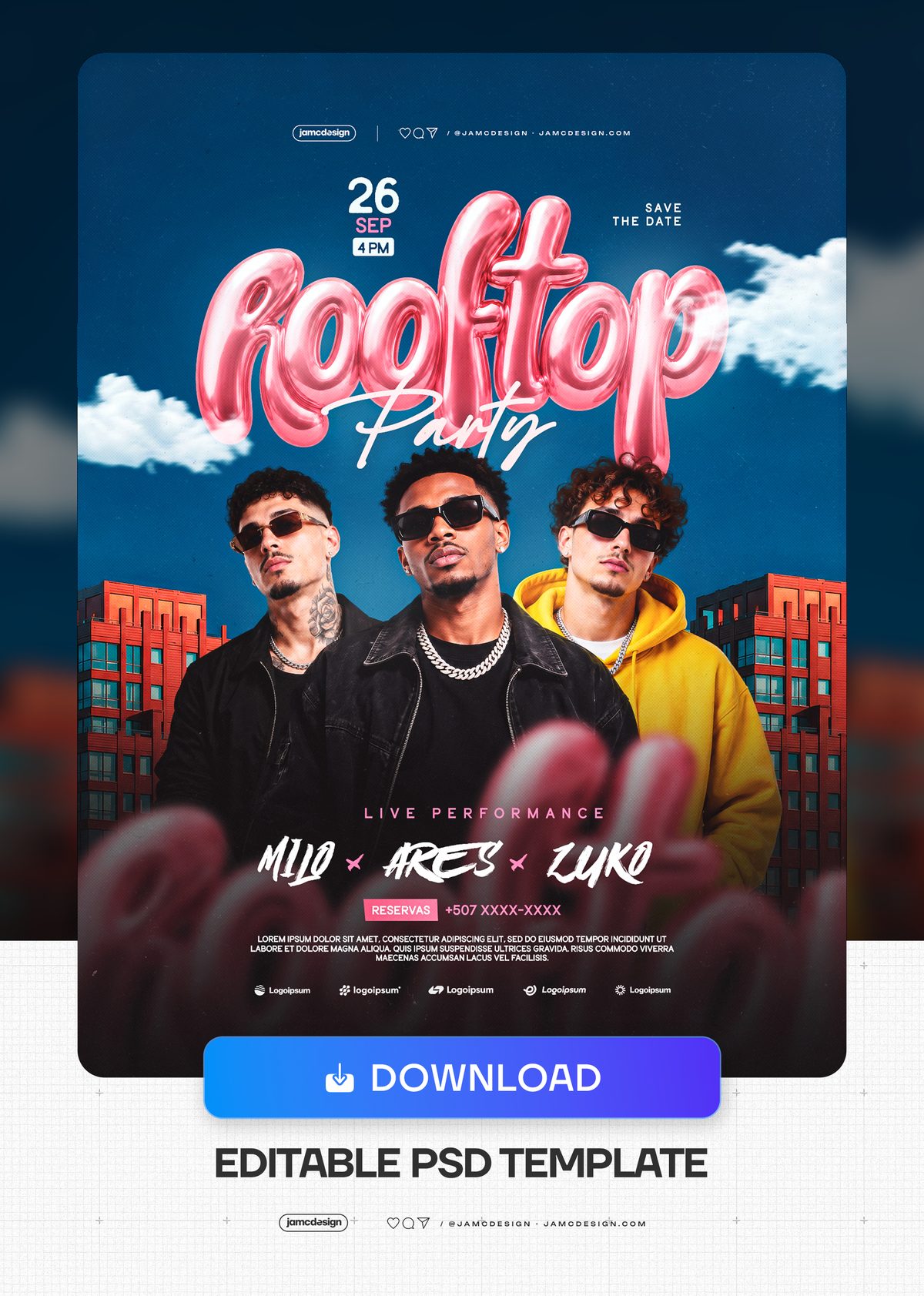 Rooftop Party Flyer Template PSD. Editable PSD event flyer template featuring three male performers against a vivid blue sky and colorful city buildings — Additional preview