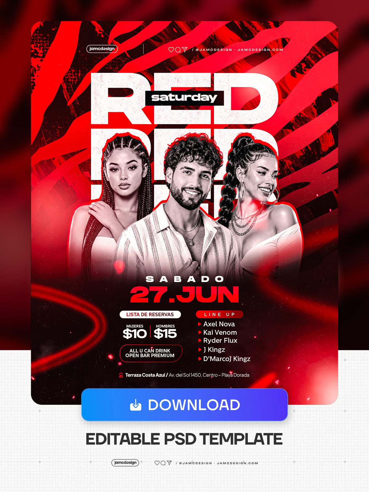 Plantilla De Flyer Sábado Rojo PSD Editable. Plantilla de PSD editable para un flyer de evento de noche de sábado con una composición en rojo oscuro y negro — Vista previa adicional