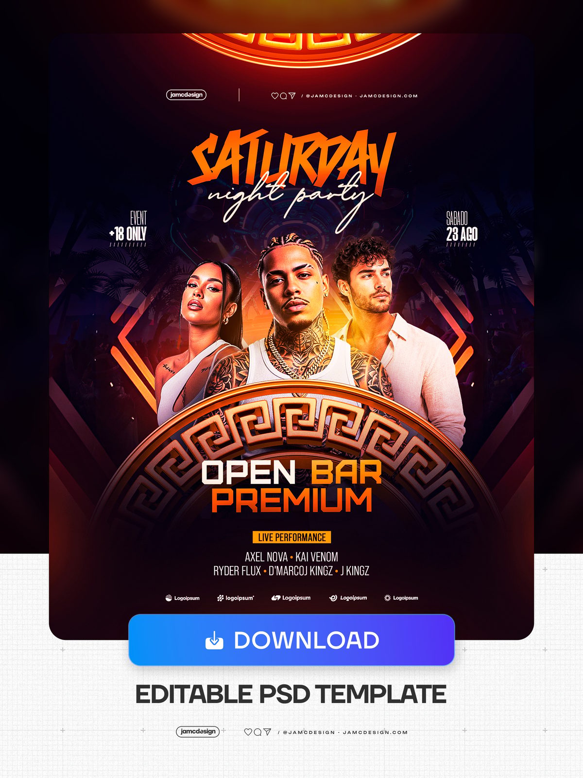 Flyer De Sábado À Noite Com Friso Grego Laranja PSD. Modelo de PSD editável para um flyer de festa de sábado à noite — Prévia adicional