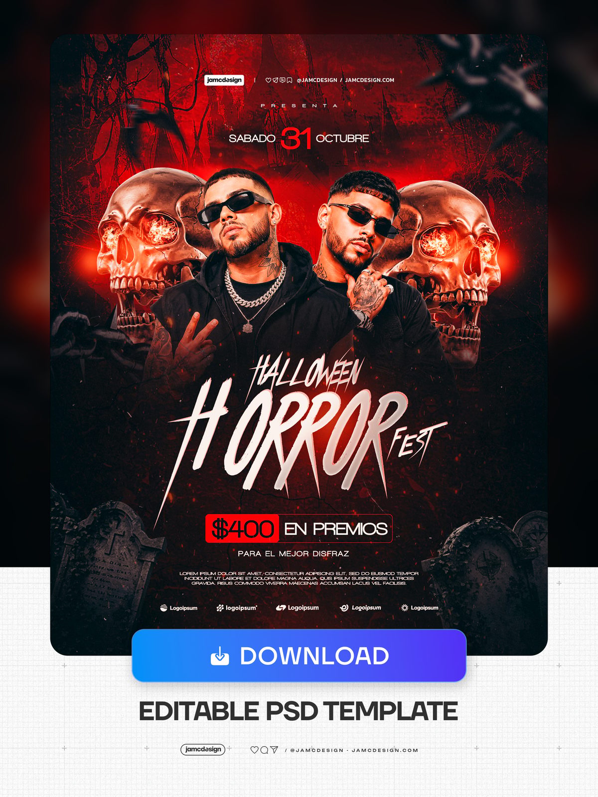 Halloween Horror Fest Glowing Red Skulls Flyer PSD. Editable PSD template for a Halloween horror event flyer — Additional preview