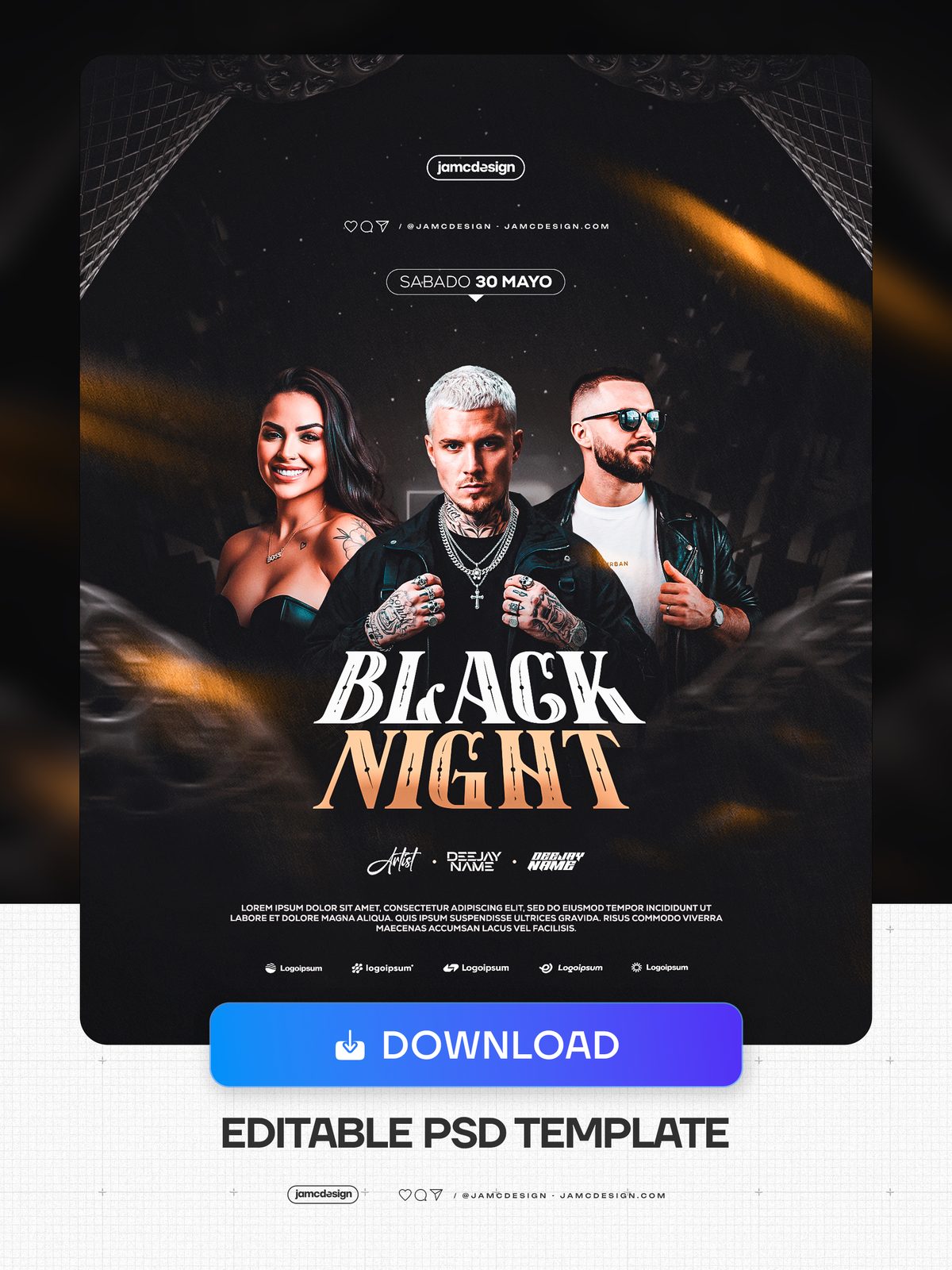 Black Night Flyer Template With Three Portraits PSD. Editable PSD template for a Saturday night event flyer with a dark composition, golden smoke effects — Additional preview