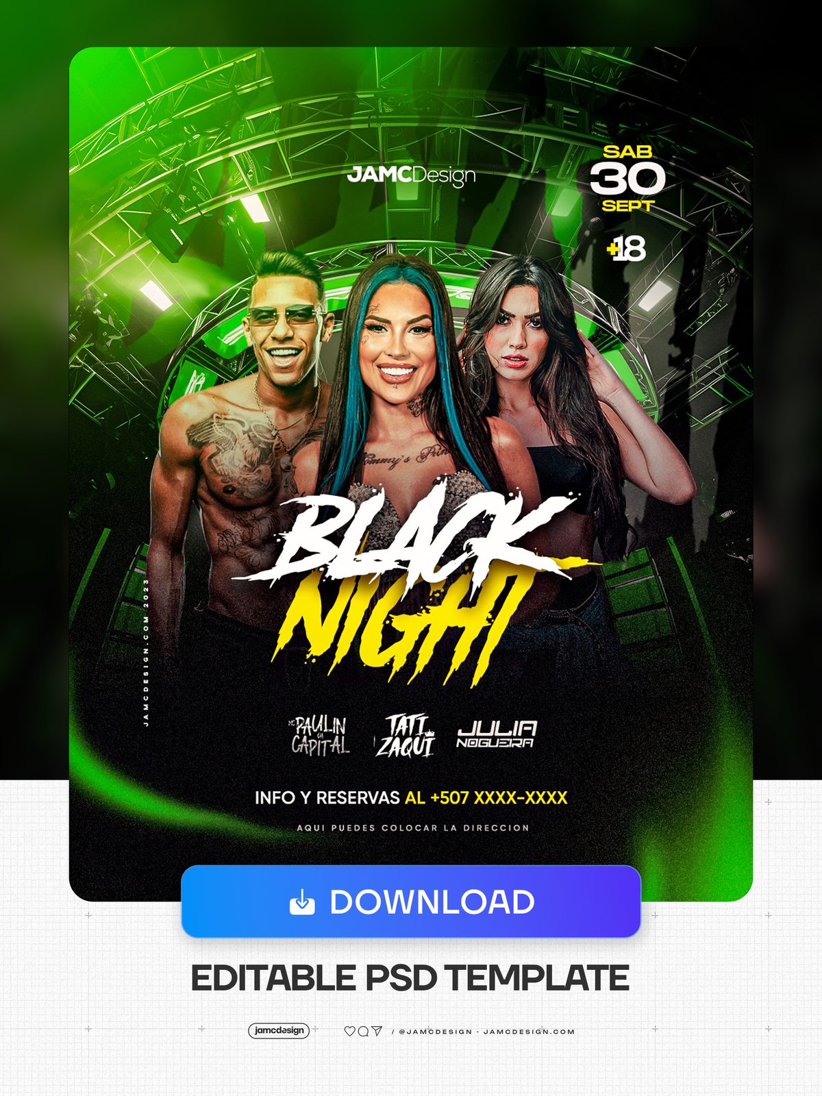 Black Night Flyer Template PSD. Editable PSD template for a Saturday night event flyer with a dark composition lit by bright green stage lights — Additional preview