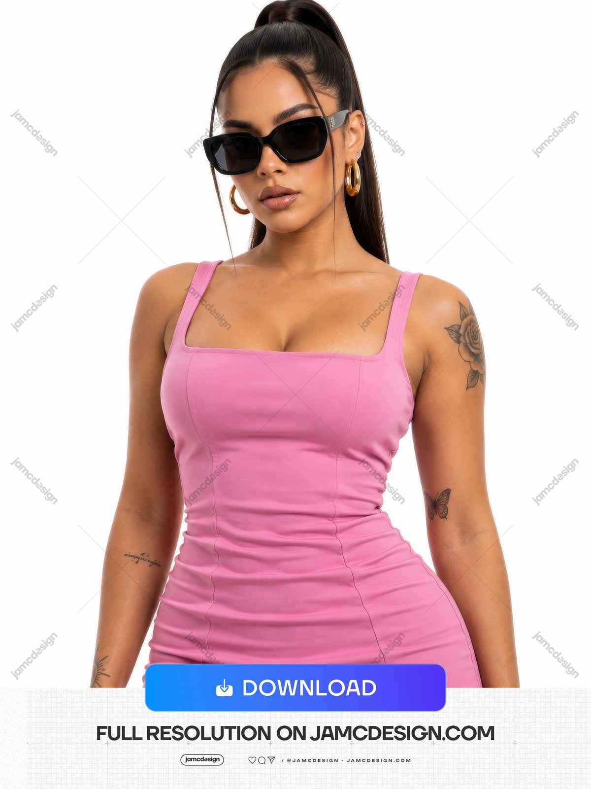 Woman In Pink Dress With Sunglasses And Tattoos PNG. Download this PNG photo of a woman wearing black sunglasses — Additional preview