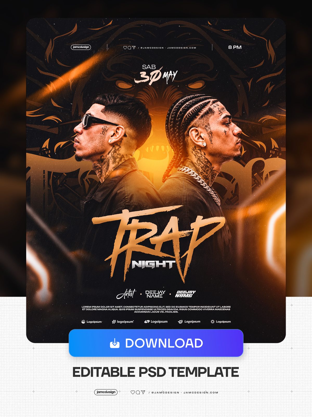 Modelo De Flyer Noite Trap PSD Editável. Modelo de PSD editável para um flyer de evento trap à noite, com composição escura, dois homens tatuados de perfil — Prévia adicional