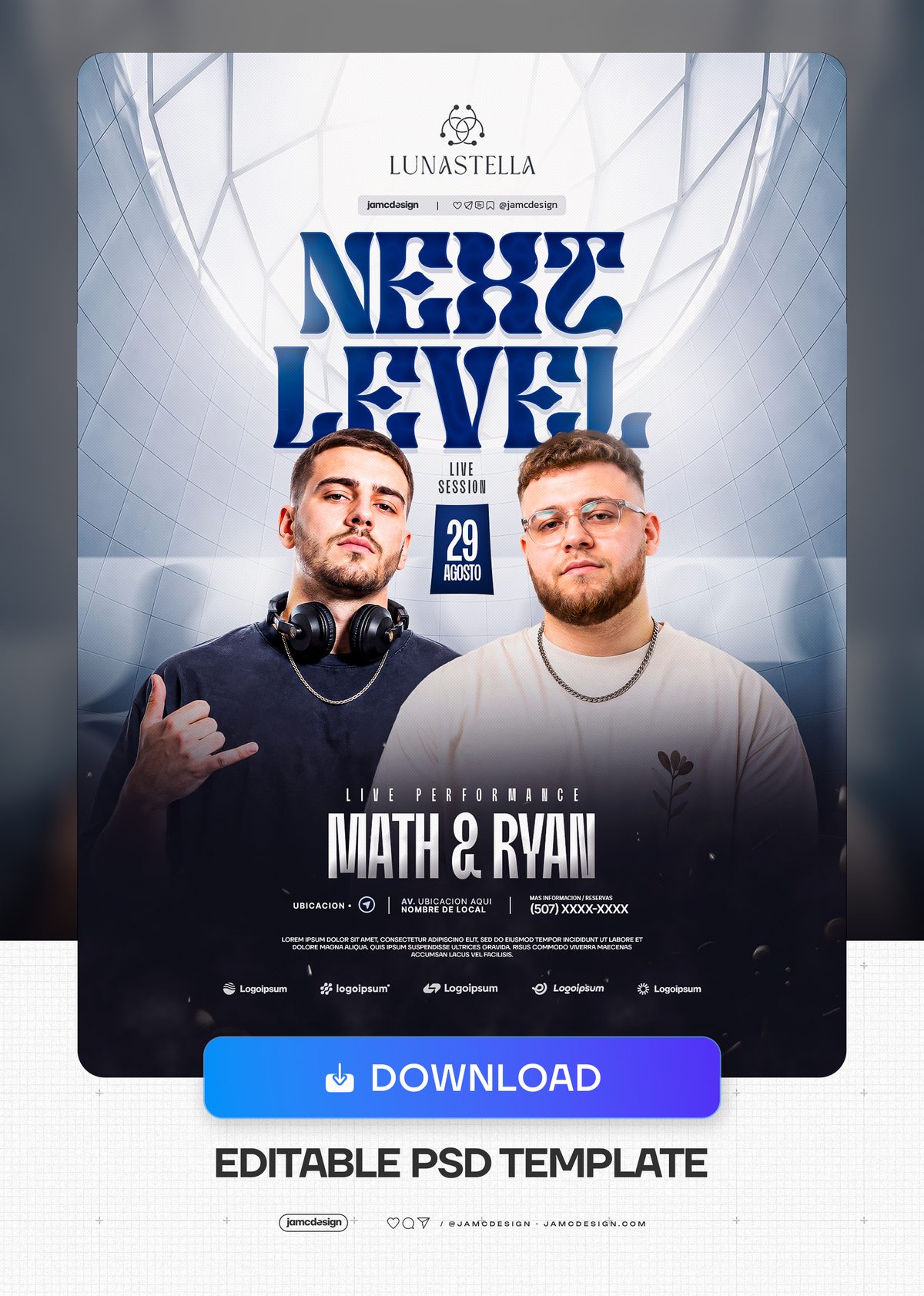 Modèle De Flyer Next Level Live Session Avec Artistes Live En Bleu PSD. Modèle PSD modifiable pour un flyer d’événement de musique live — Aperçu supplémentaire