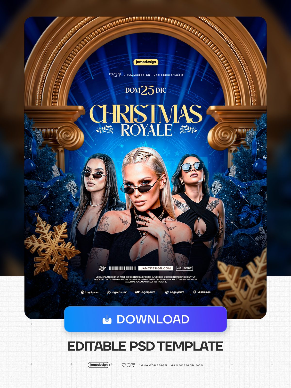 Christmas Royale Party Flyer Template PSD. Download this PSD event flyer template for a Christmas party, with three women framed by an ornate gold arch — Additional preview