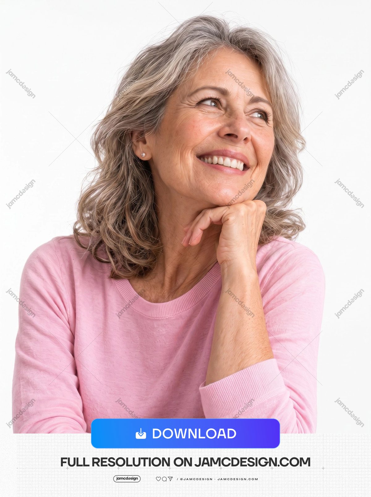Smiling Older Woman Portrait With Gray Hair. This JPG photo features a smiling older woman with wavy gray hair resting her chin on one hand — Additional preview