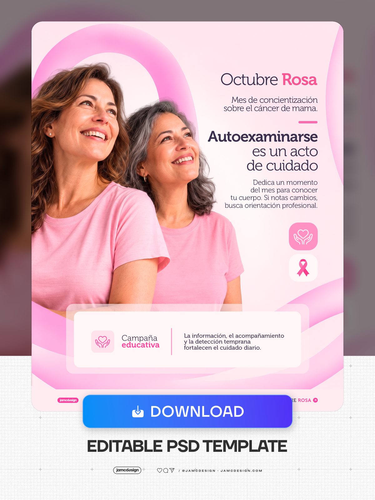 Breast Self-Exam Awareness Social Media Template PSD. This editable PSD social media template features two smiling women in pink shirts — Additional preview