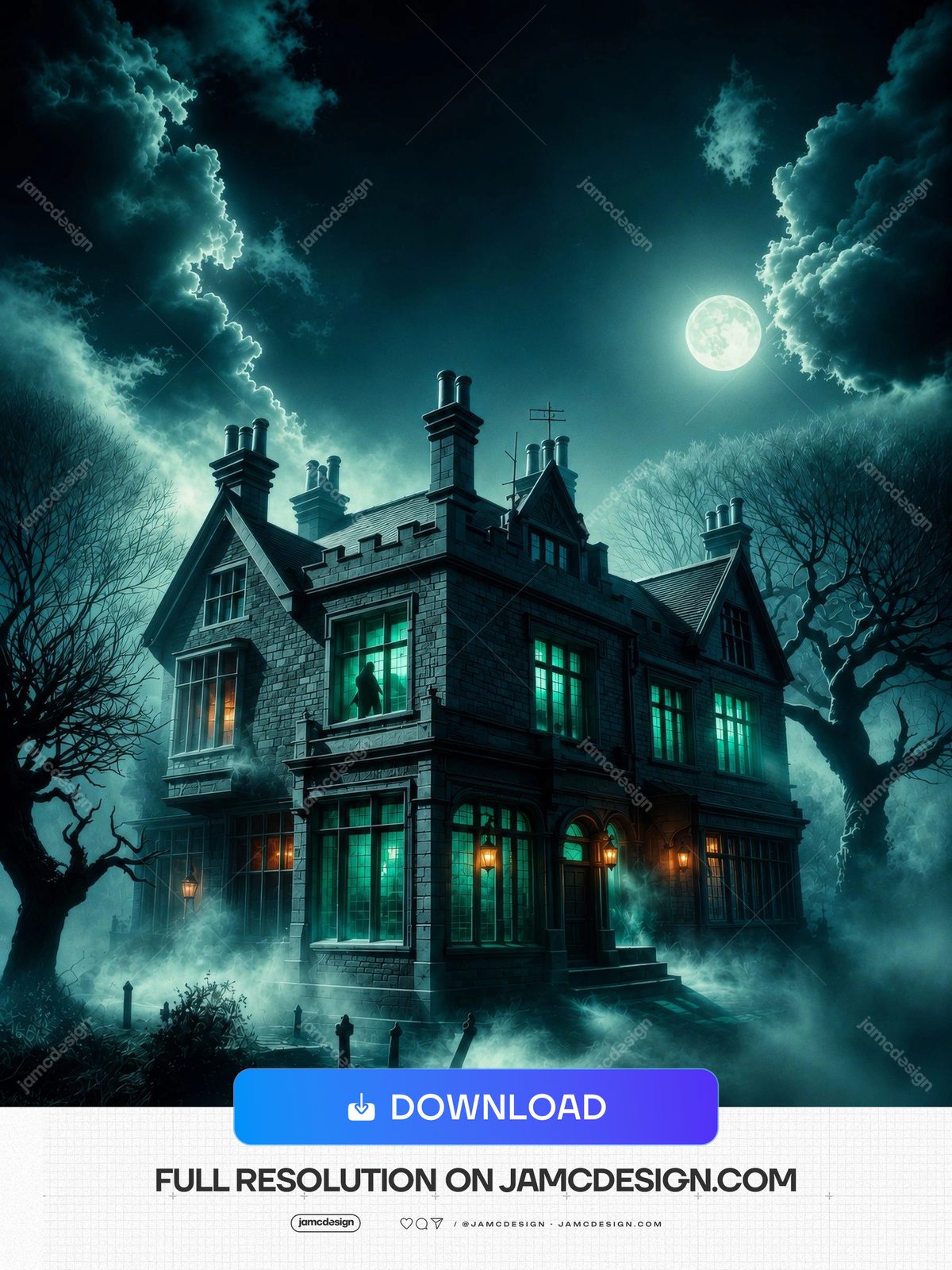 Fundo De Casa Mal-Assombrada Com Lua Cheia Halloween E Neblina Sombria. Fundo em JPG com uma casa mal-assombrada gótica sob uma lua cheia brilhante — Prévia adicional