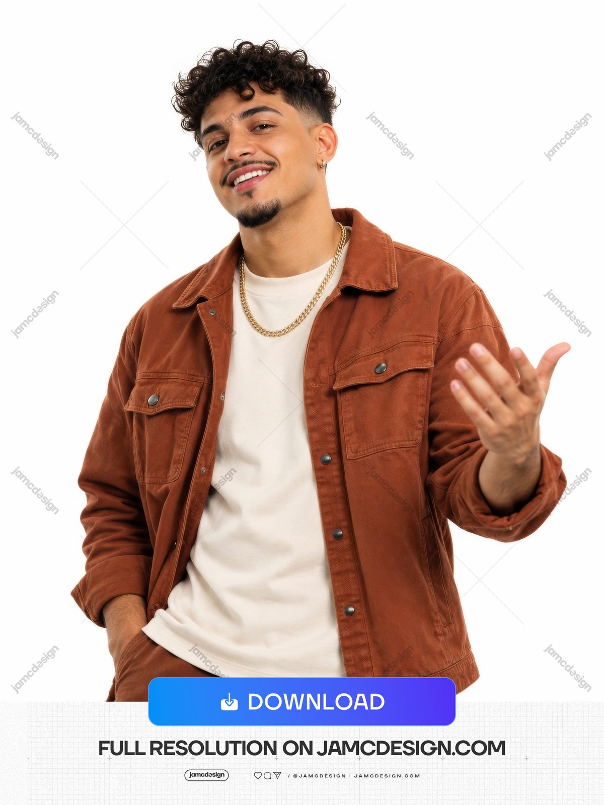 Smiling Man With Curly Hair In Brown Jacket Photo PNG. Download this PNG photo of a smiling male fashion model with curly hair, wearing a rust brown jacket — Additional preview