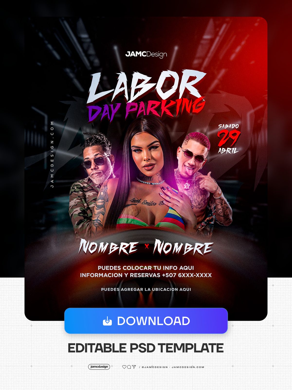 Labor Day Parking Flyer Template PSD. Editable PSD template for a nightlife party flyer, with a dark composition accented by red lighting — Additional preview