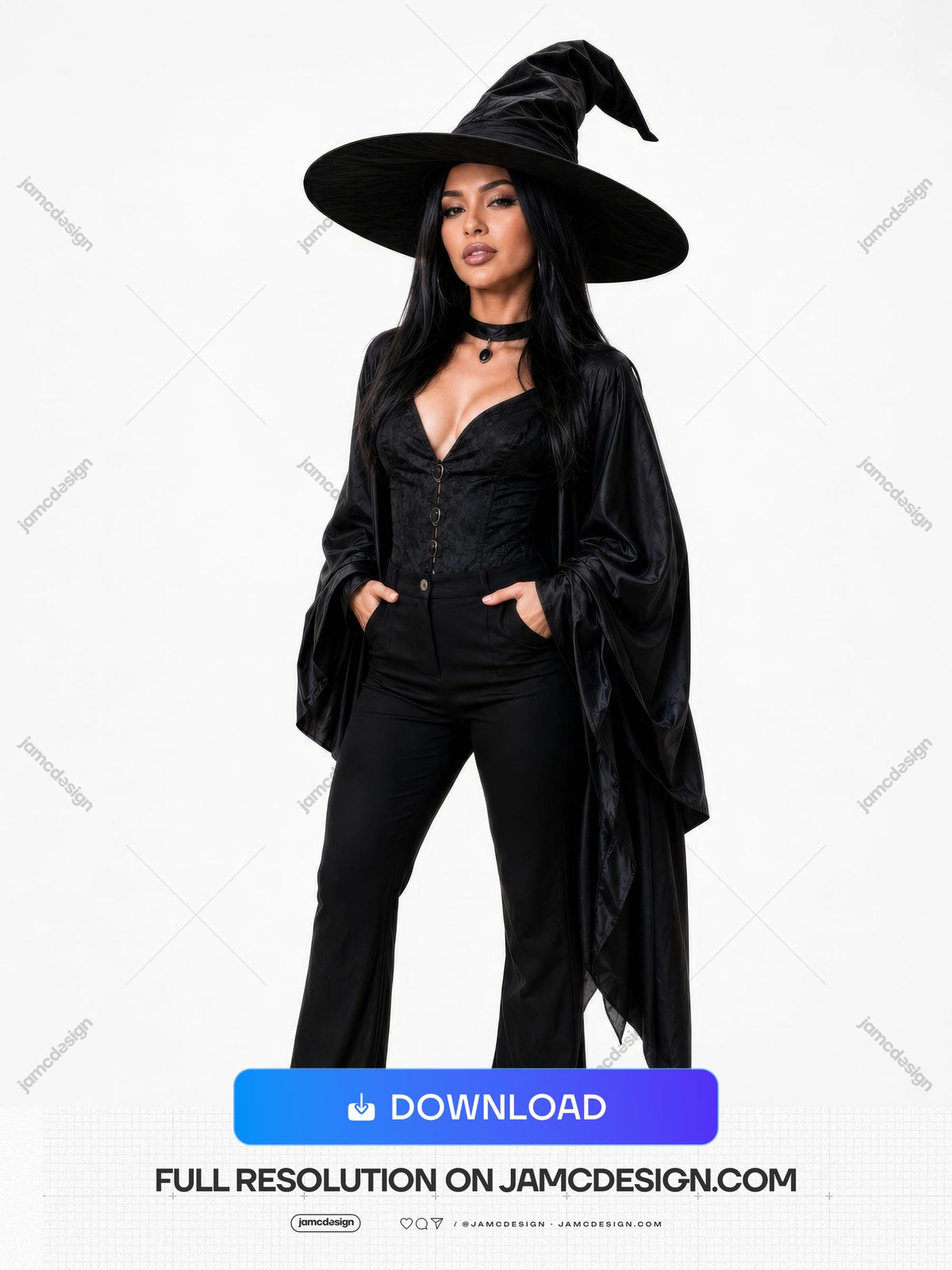 Foto De Bruja Elegante Con Atuendo Negro Y Sombrero Dramático. Foto JPG de una mujer con disfraz de bruja negro, sombrero de ala ancha y capa drapeada — Vista previa adicional