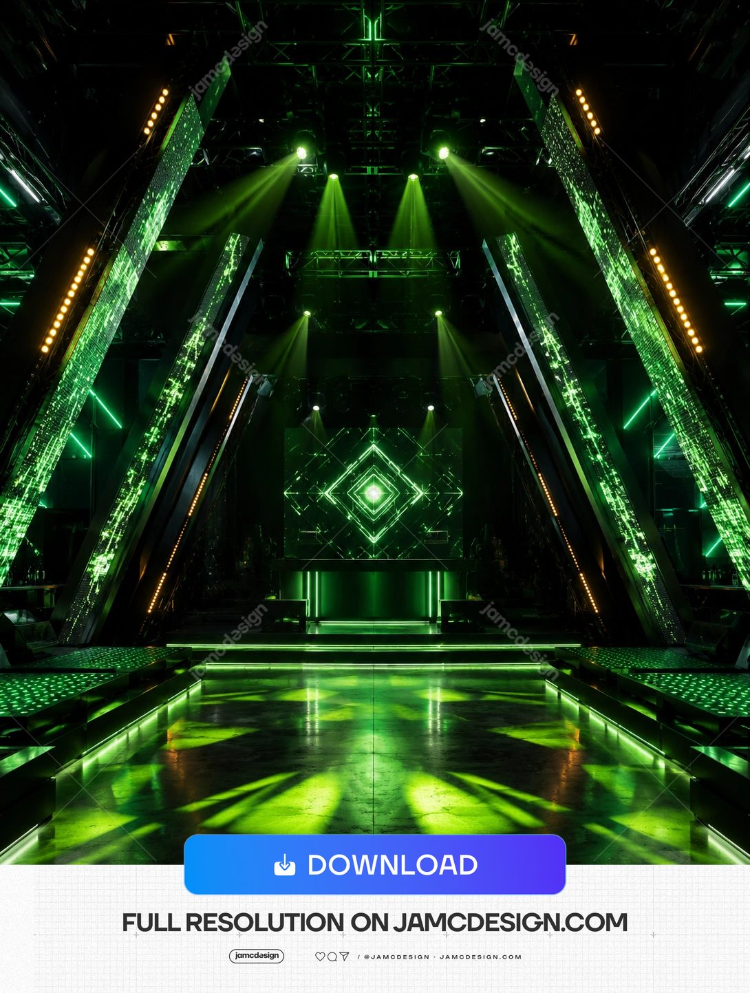 Fond De Scène Événementielle Industrielle Cyber Vert. Fond PNG d'une scène de concert industrielle baignée de lumière néon verte — Aperçu supplémentaire