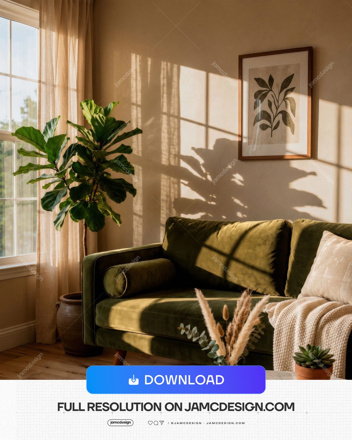 Modern Green Sofa Living Room Interior With Warm Sunlight. Sunlit living room photo featuring a deep green velvet sofa — Additional preview