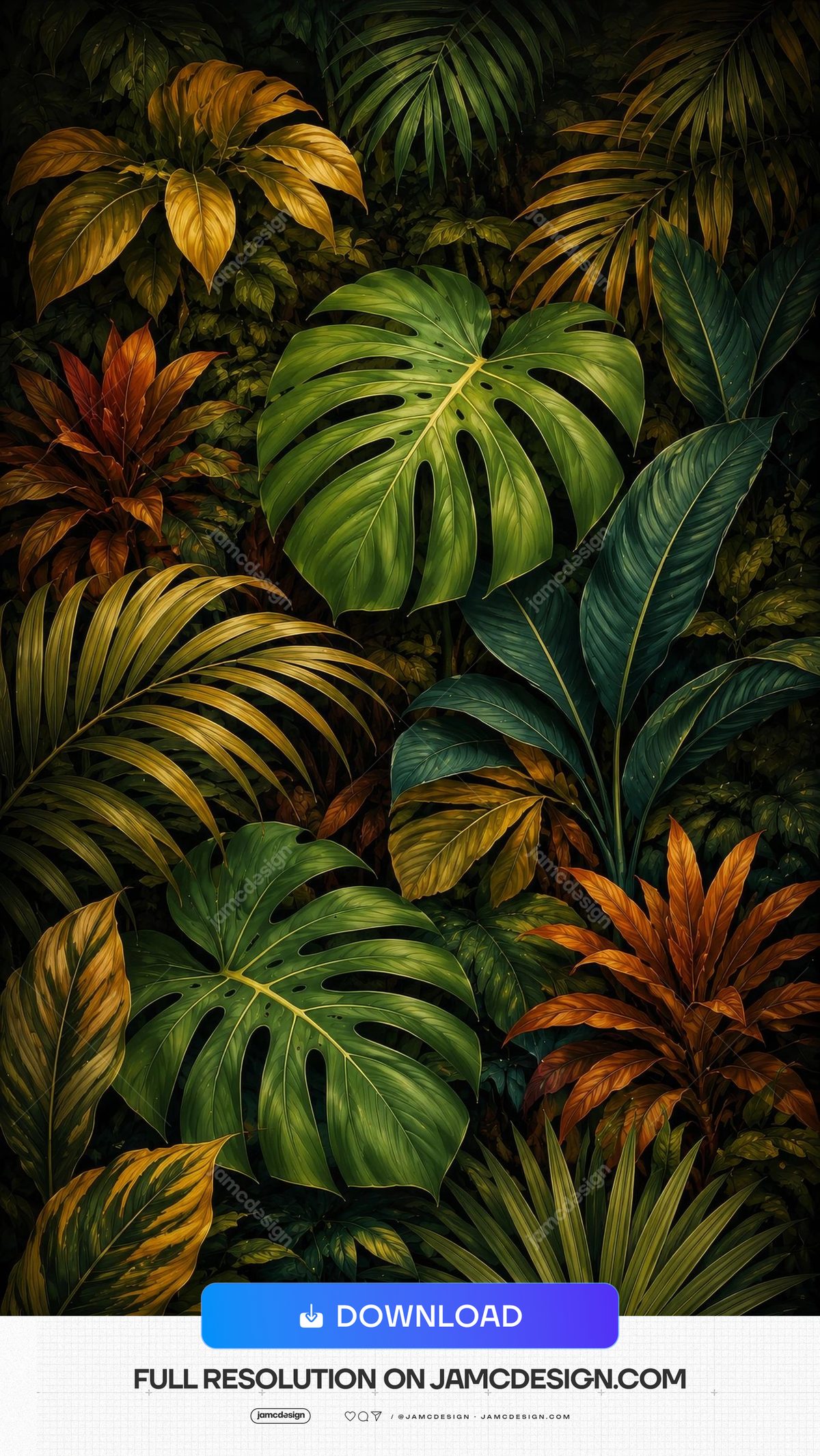 Autumn Green Orange Tropical Leaves Jungle Background. JPG background of dense tropical jungle foliage, featuring large green monstera leaves with deep splits — Additional preview