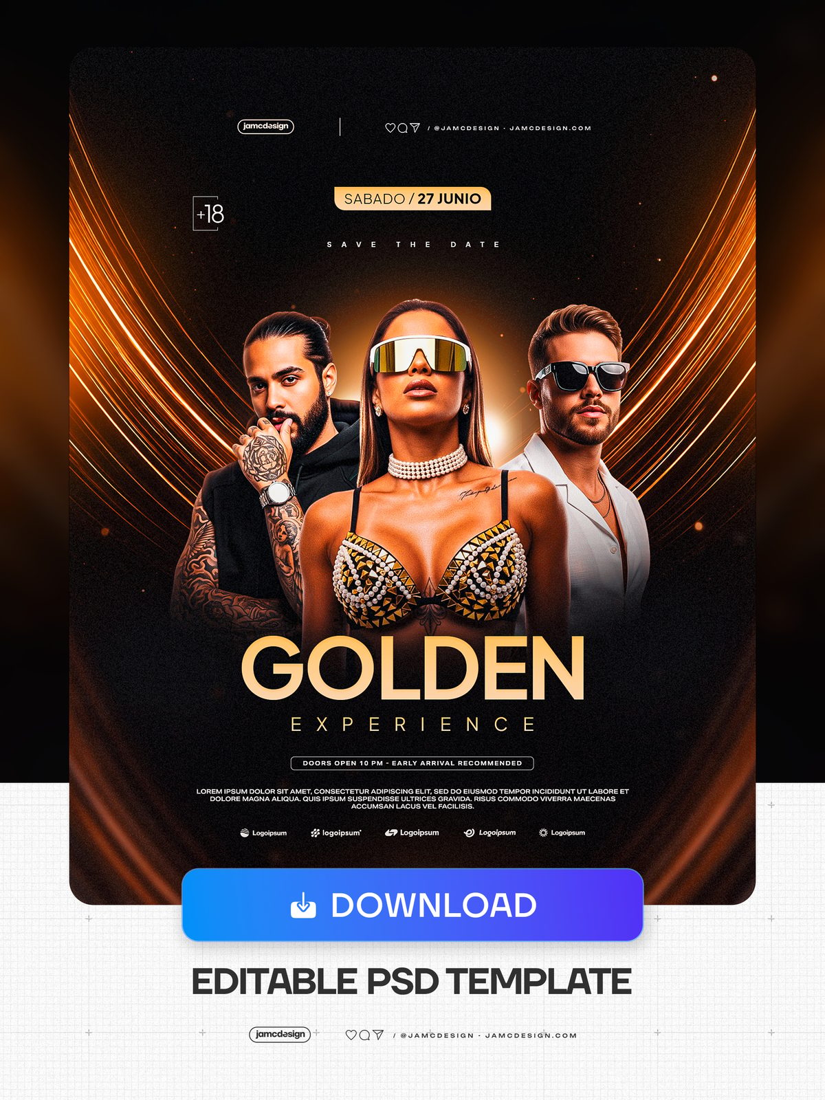 Golden Experience Flyer With Gold Light Arcs PSD. Editable PSD template for a nightclub event flyer with a dark composition — Additional preview