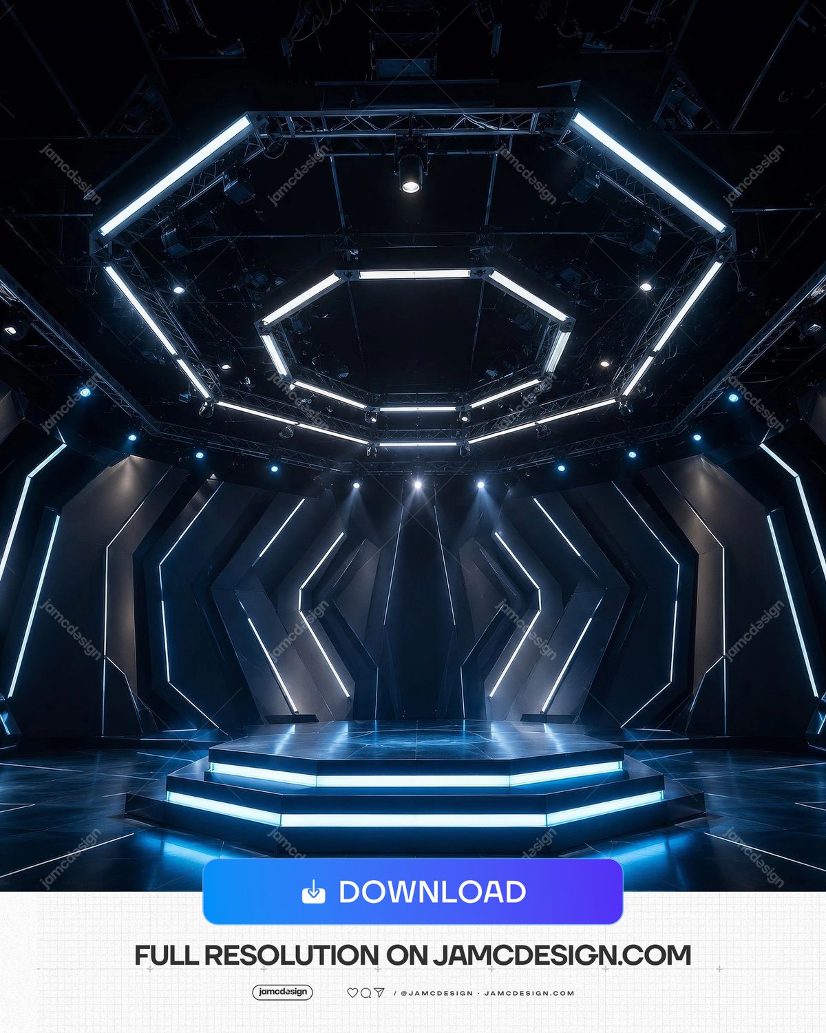 Sci-Fi Event Stage With Blue Lighting Background. JPG background showing a futuristic stage with a hexagonal illuminated platform — Additional preview