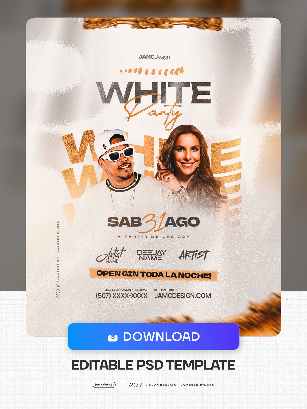 White Party Flyer Template PSD. Editable PSD template for a White Party event flyer with gold metallic lettering, a man in a white cap and sunglasses — Additional preview