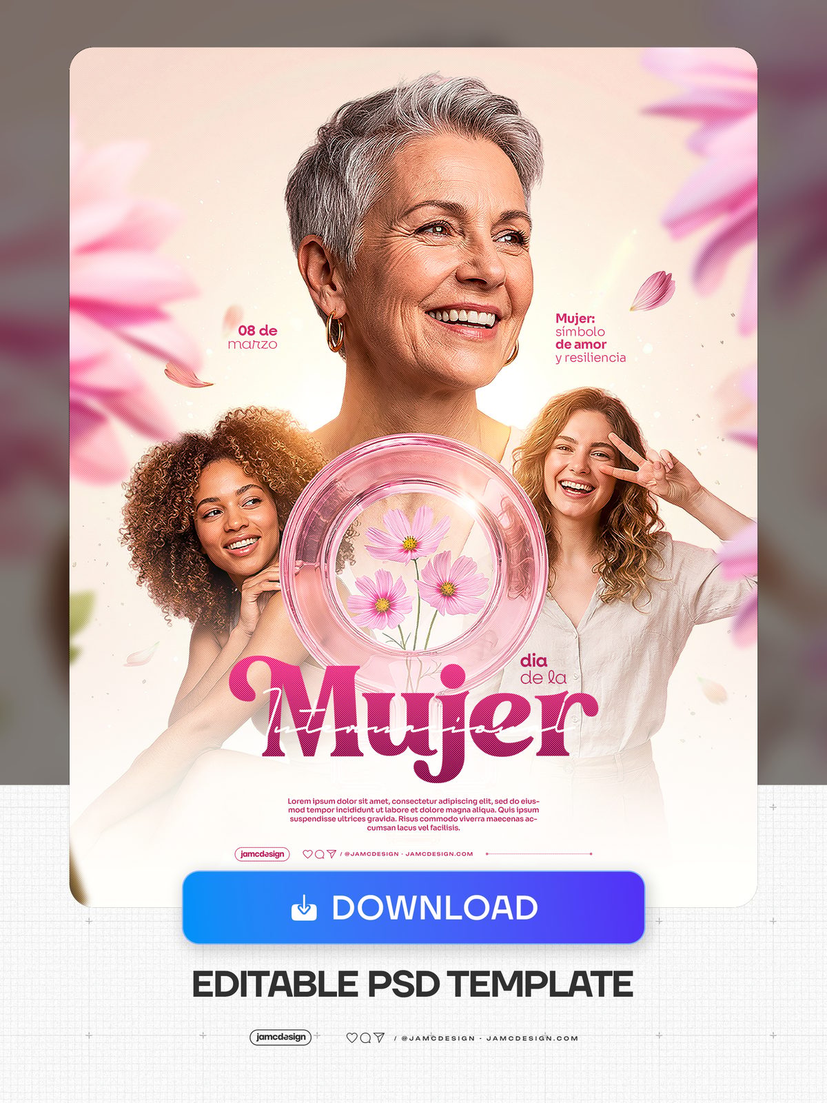 Dia De La Mujer Flyer Template PSD. Editable PSD template for a Women's Day event flyer, featuring three smiling women in portrait photography — Additional preview