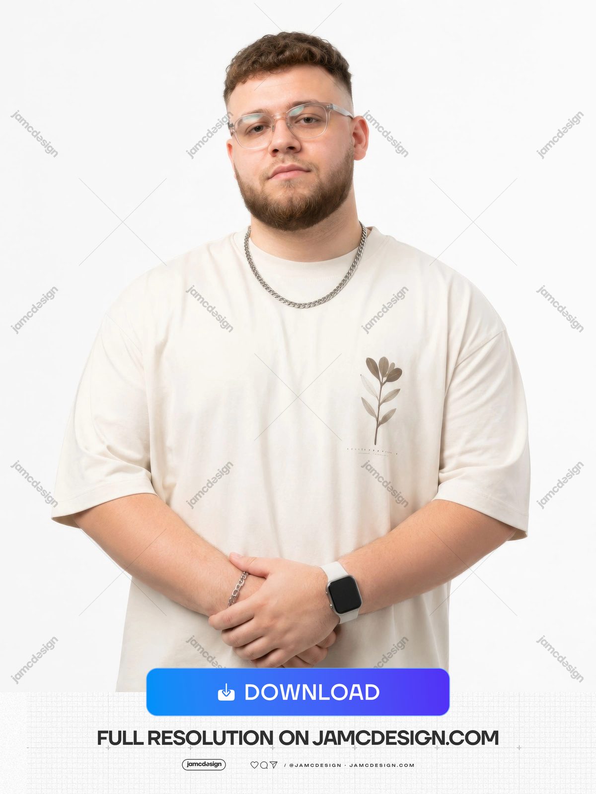Male Artist Cream Outfit Studio Glasses Chain Portrait JPG. JPG studio of a bearded man wearing a cream T shirt, glasses and a chain — Additional preview