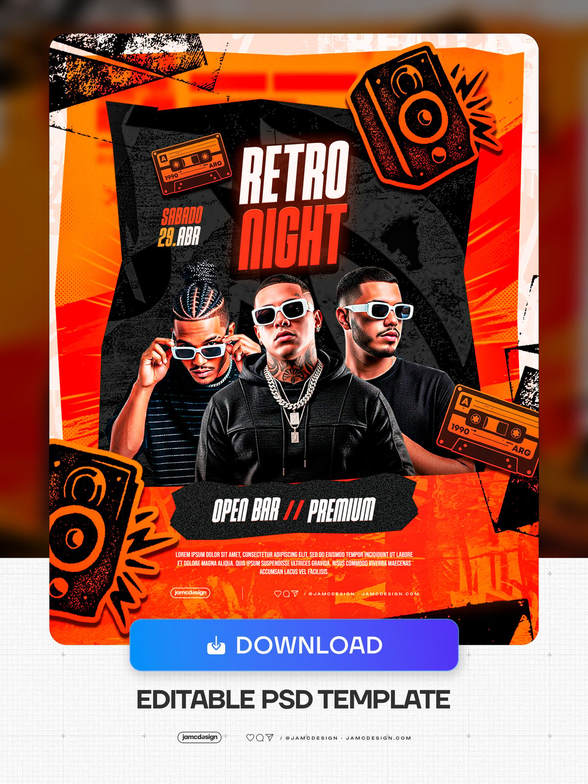 Modelo De Flyer Festa Retro Noturna PSD Editável. Modelo de PSD editável para um flyer de evento de festa retro noturna com uma paleta laranja e escura — Prévia adicional