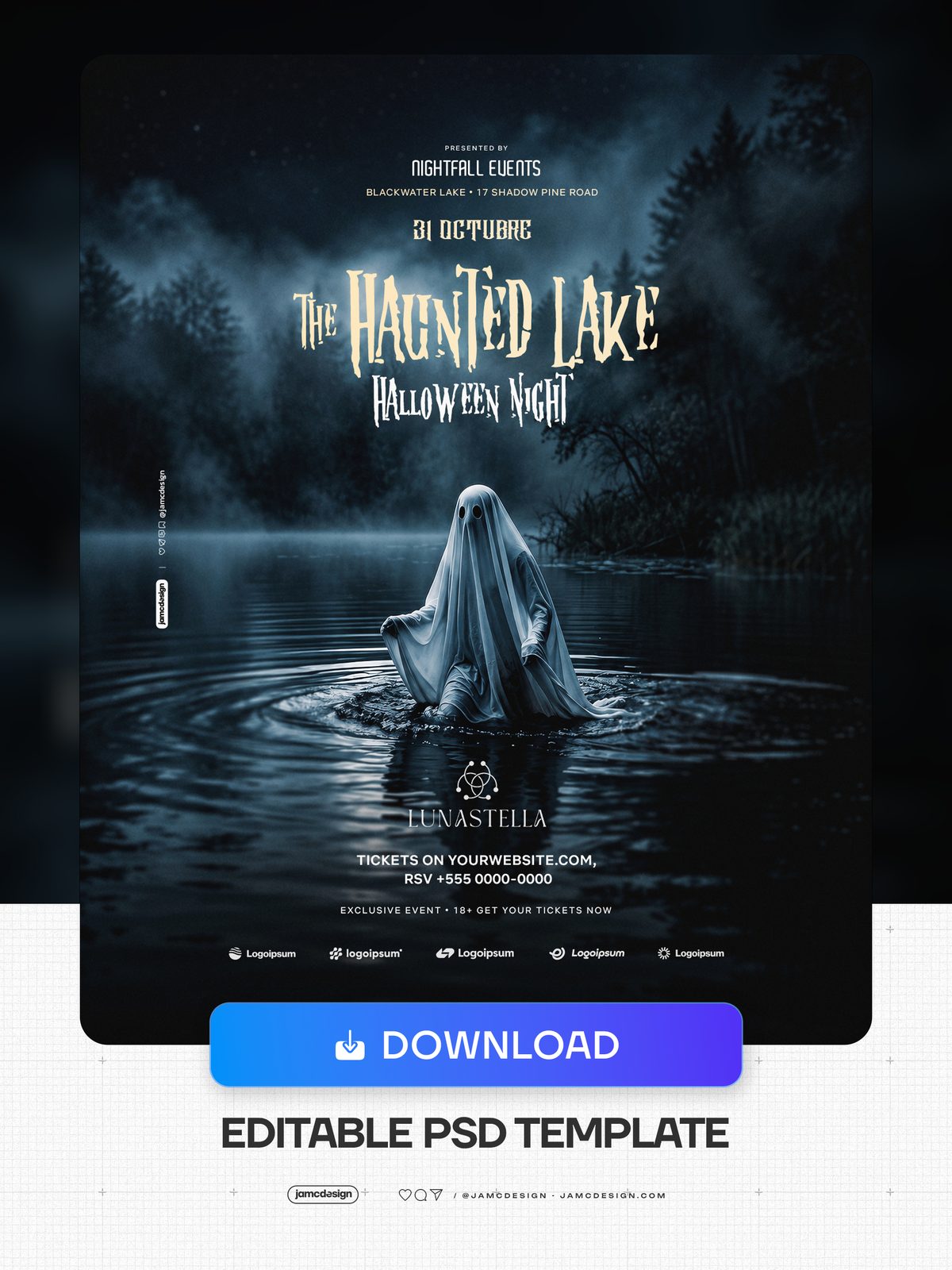 Haunted Lake Halloween Night Flyer PSD. Download this editable PSD Halloween event flyer featuring a ghostly figure in a dark lake surrounded by foggy trees — Additional preview