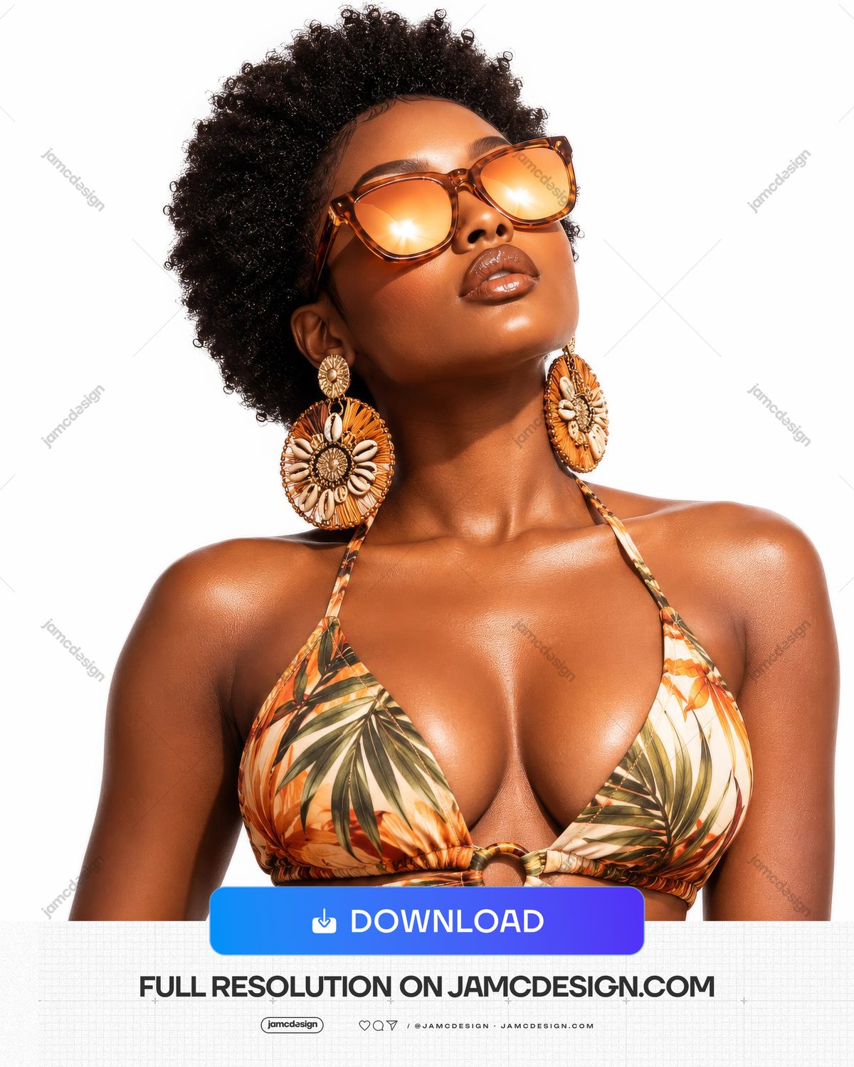 Woman With Afro Curls In Tropical Swimwear PNG. This PNG photo features a woman with voluminous afro curls, amber sunglasses — Additional preview