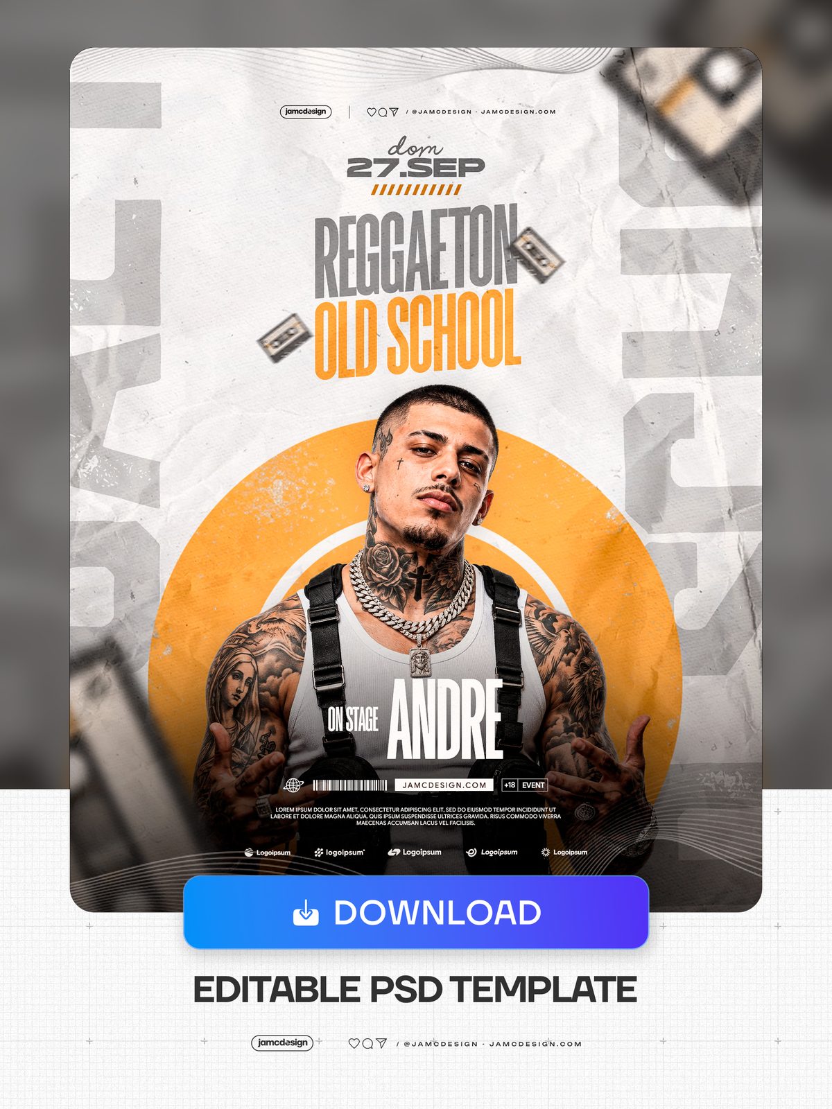 Orange Circle Old School Reggaeton Flyer PSD. Editable PSD event flyer for an old school reggaeton event, featuring a tattooed man, cassette imagery — Additional preview