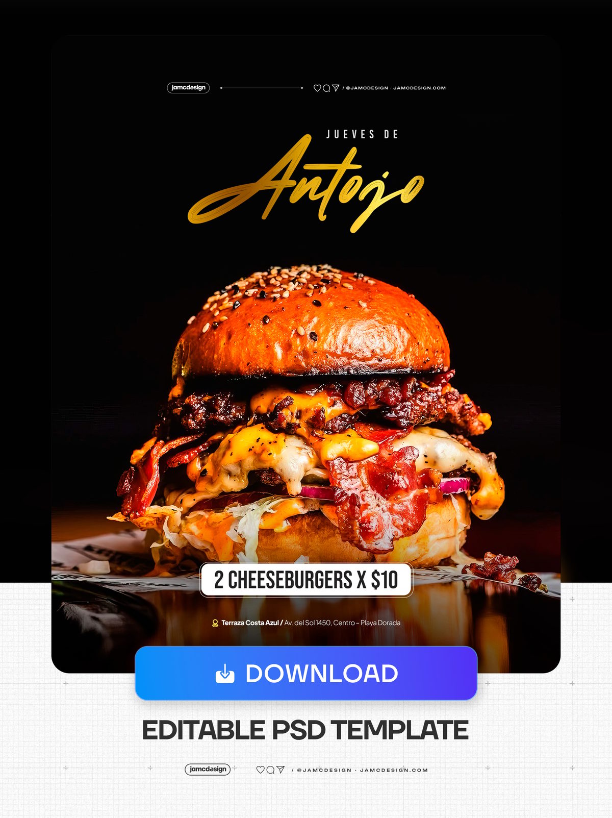 Modelo De Flyer Promocional Bacon Burger PSD Editável. Flyer promocional PSD editável para uma promoção de cheeseburger com bacon, com composição escura — Prévia adicional