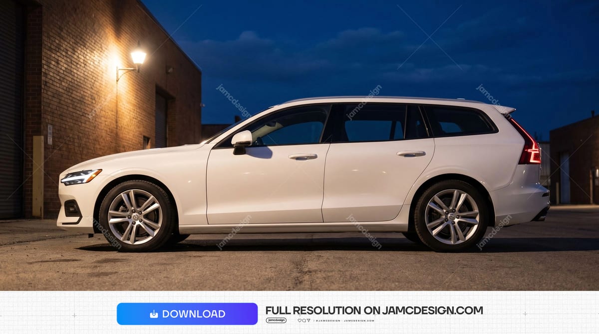 White Volvo V60 On An Industrial Street At Twilight. A JPG photo captures a white station wagon on a paved industrial street at twilight — Additional preview