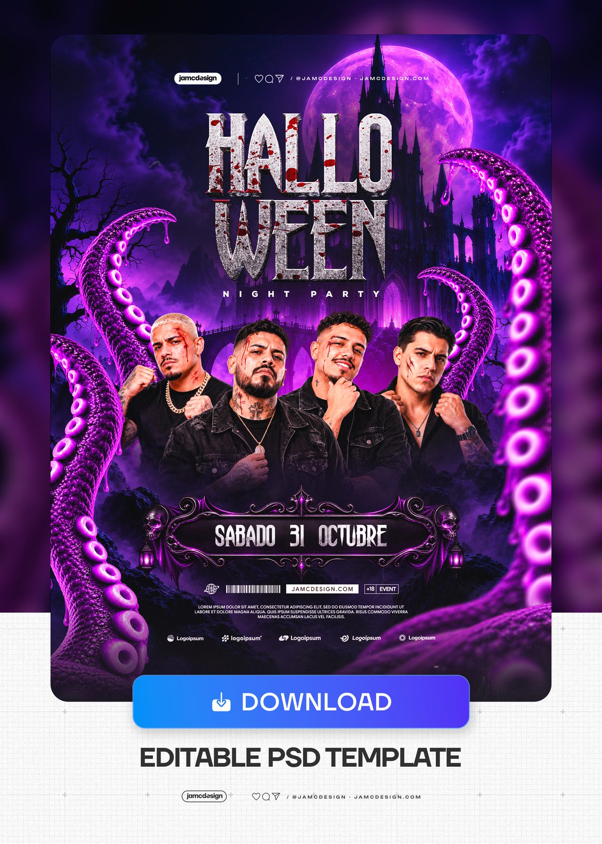 Purple Halloween Party Flyer Template PSD. This editable PSD event flyer combines four male portraits — Additional preview