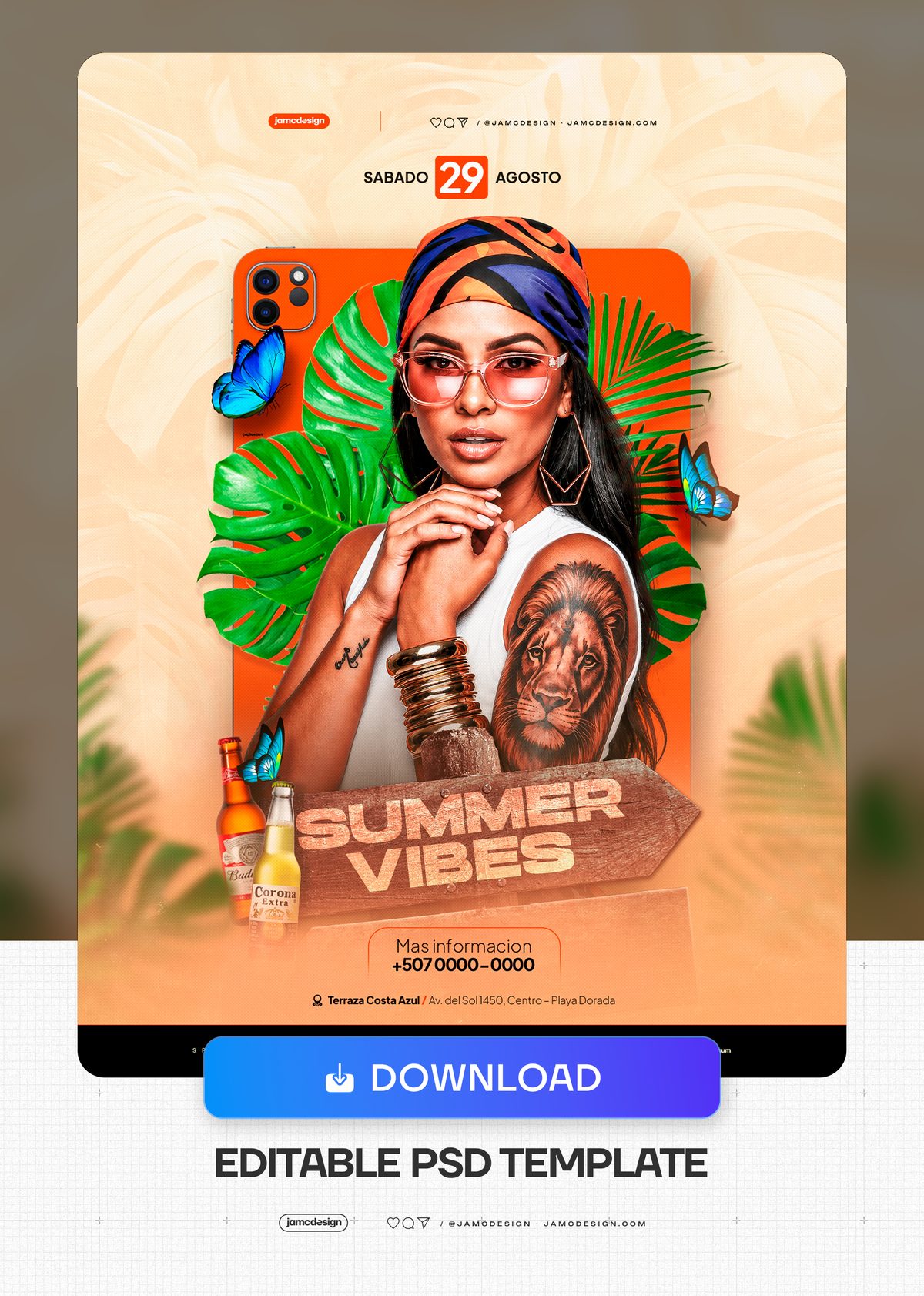 Summer Vibes Tropical Woman Flyer PSD. Editable PSD event flyer template with a fashion styled woman, tropical leaves, butterflies and drink bottles — Additional preview