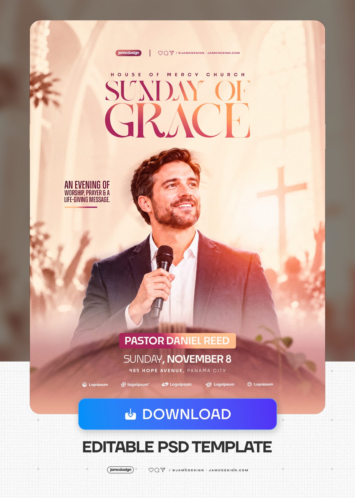 Sunday Of Grace Church Service Flyer Template PSD. An editable PSD Sunday service flyer features a man holding a microphone — Additional preview