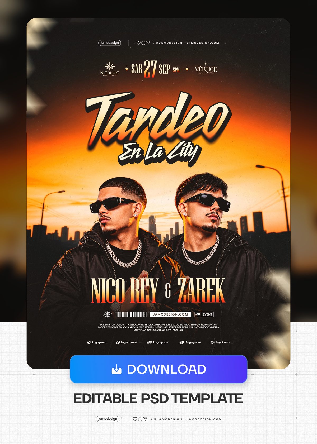 City Sunset Tardeo Flyer Template PSD. This PSD event flyer features two fashion styled male figures against a glowing sunset city skyline — Additional preview