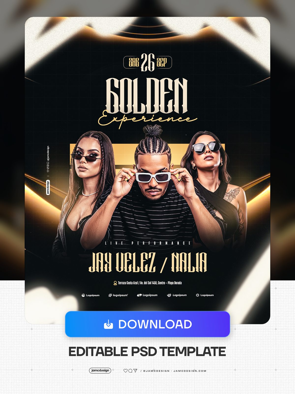 Golden Experience Live Performance Flyer PSD. Editable PSD event flyer template featuring three fashion styled models, bold condensed display type — Additional preview