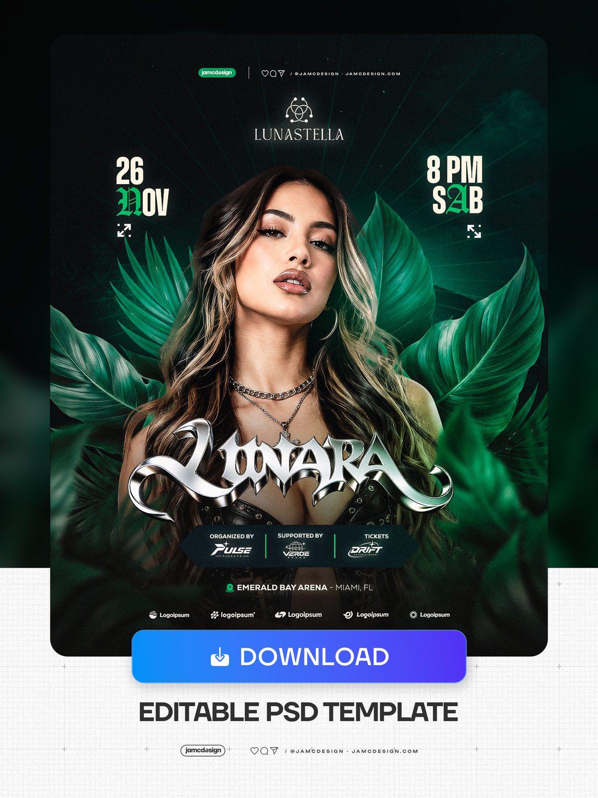Modelo De Flyer De Concerto Com Folhas Tropicais PSD. Baixe este flyer de evento em PSD editável, com uma mulher emoldurada por grandes folhas tropicais — Prévia adicional