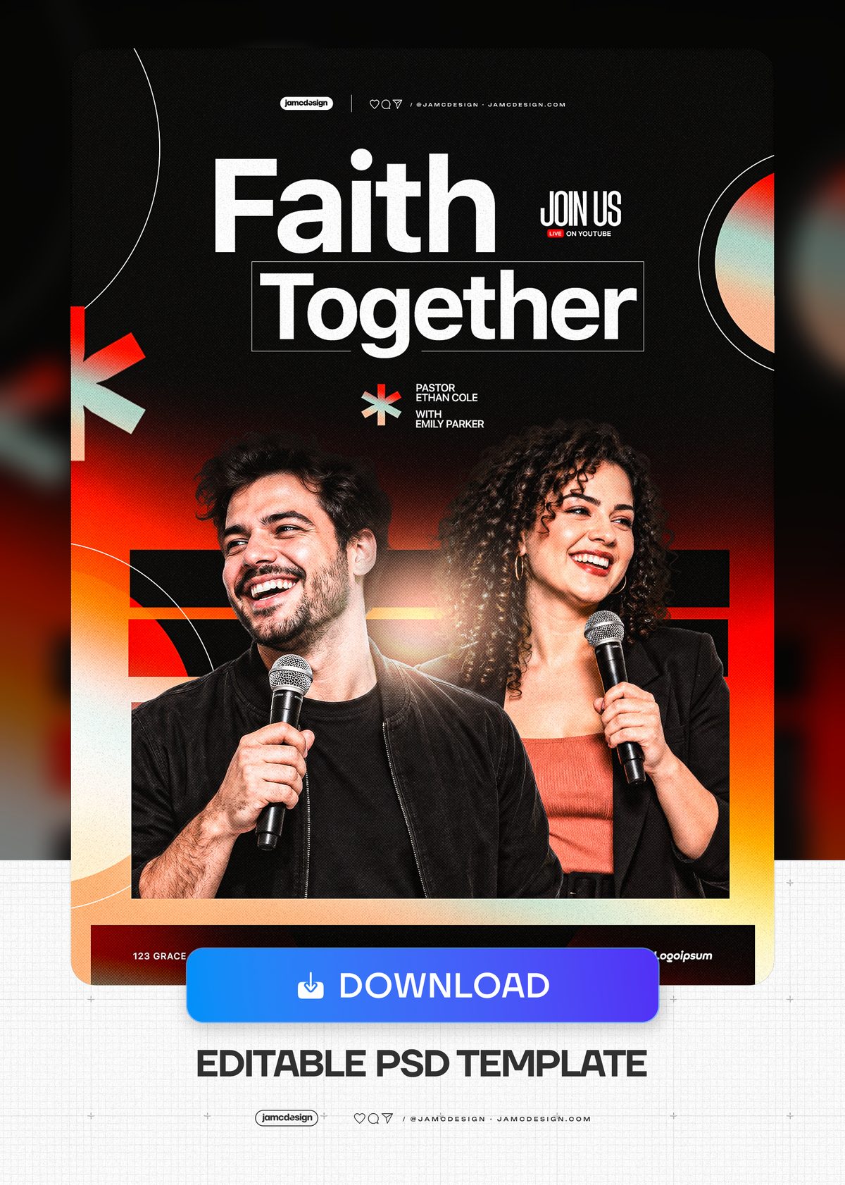 Sunday Worship Event Flyer PSD. Download this editable PSD event flyer featuring two smiling presenters with microphones, bold white typography — Additional preview