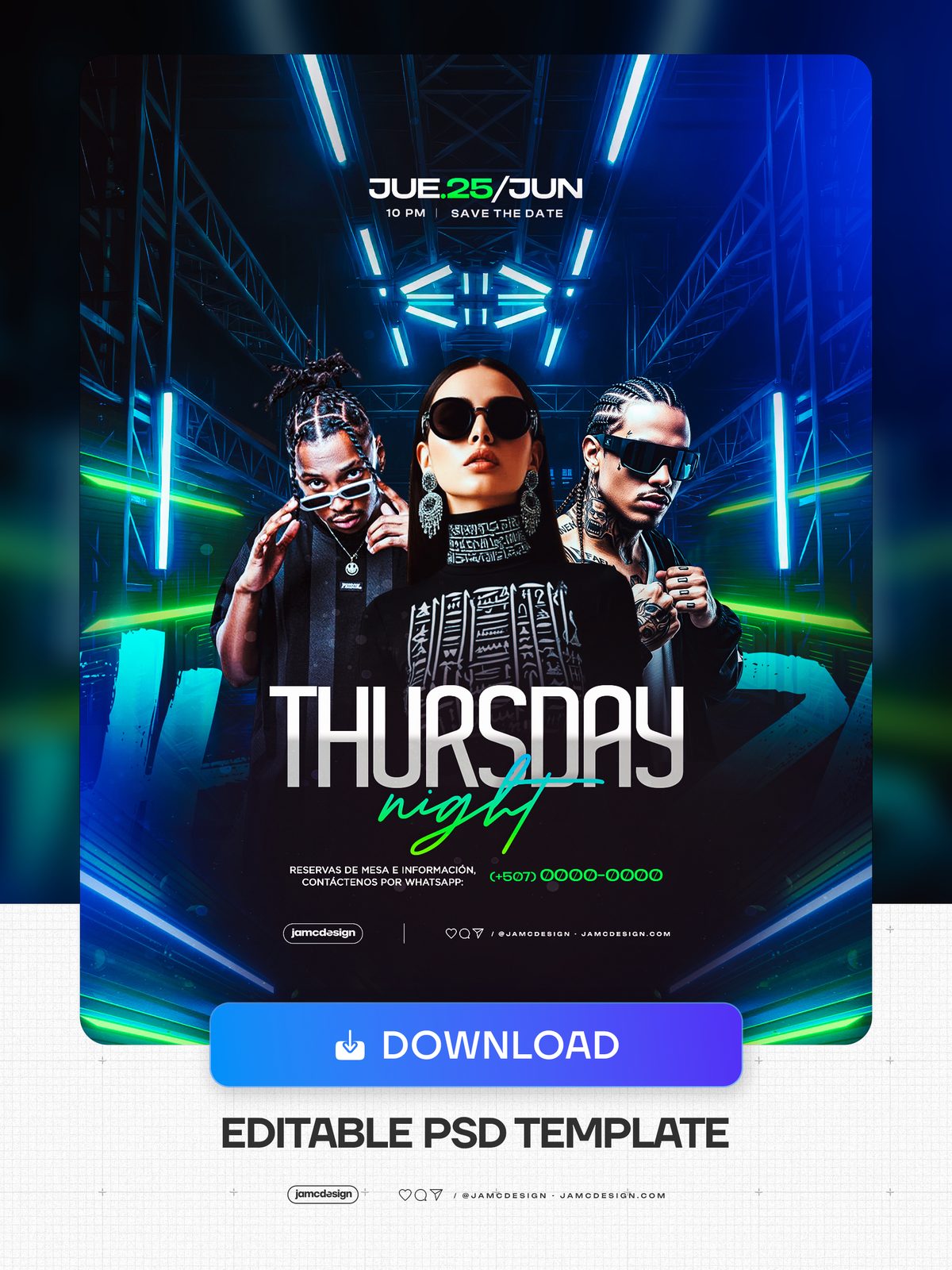 Thursday Night Event Flyer PSD Template. Editable PSD template for a Thursday nightlife flyer, with three posed figures in sunglasses set against a dark stage — Additional preview
