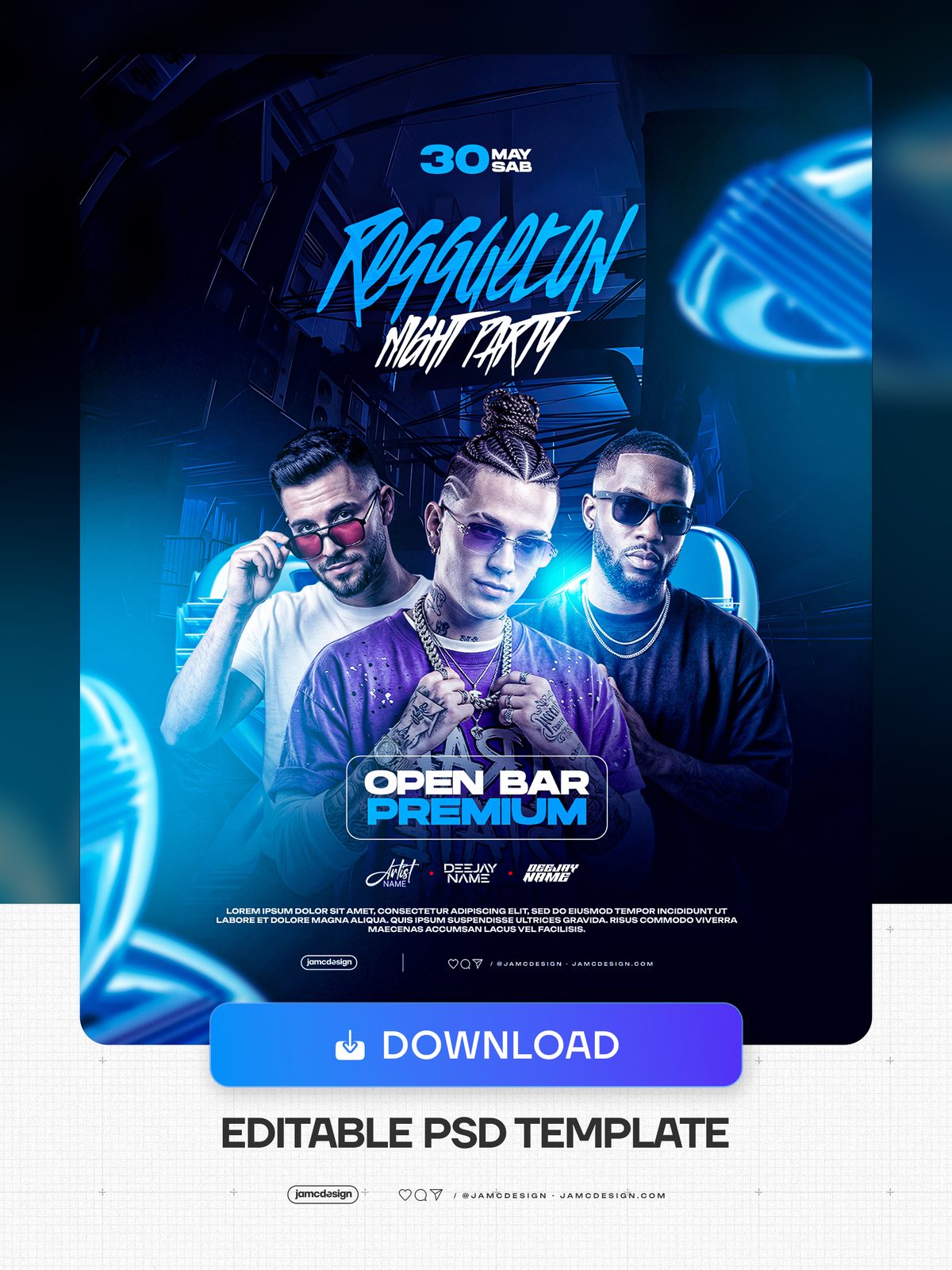 Flyer PSD De Noite Reggaeton Com Anéis Neon. Flyer de evento em PSD editável para uma festa de reggaeton à noite — Prévia adicional